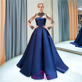 Navy Blue Long Sleeves Satin Beaded Evening Ball Gown - FashionByTeresa